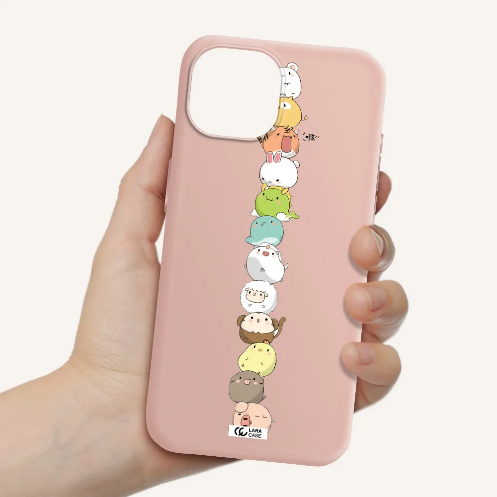 A Stack Of Cartoon Animals Apple Iphone 15 Silicone Pastel Pink Case