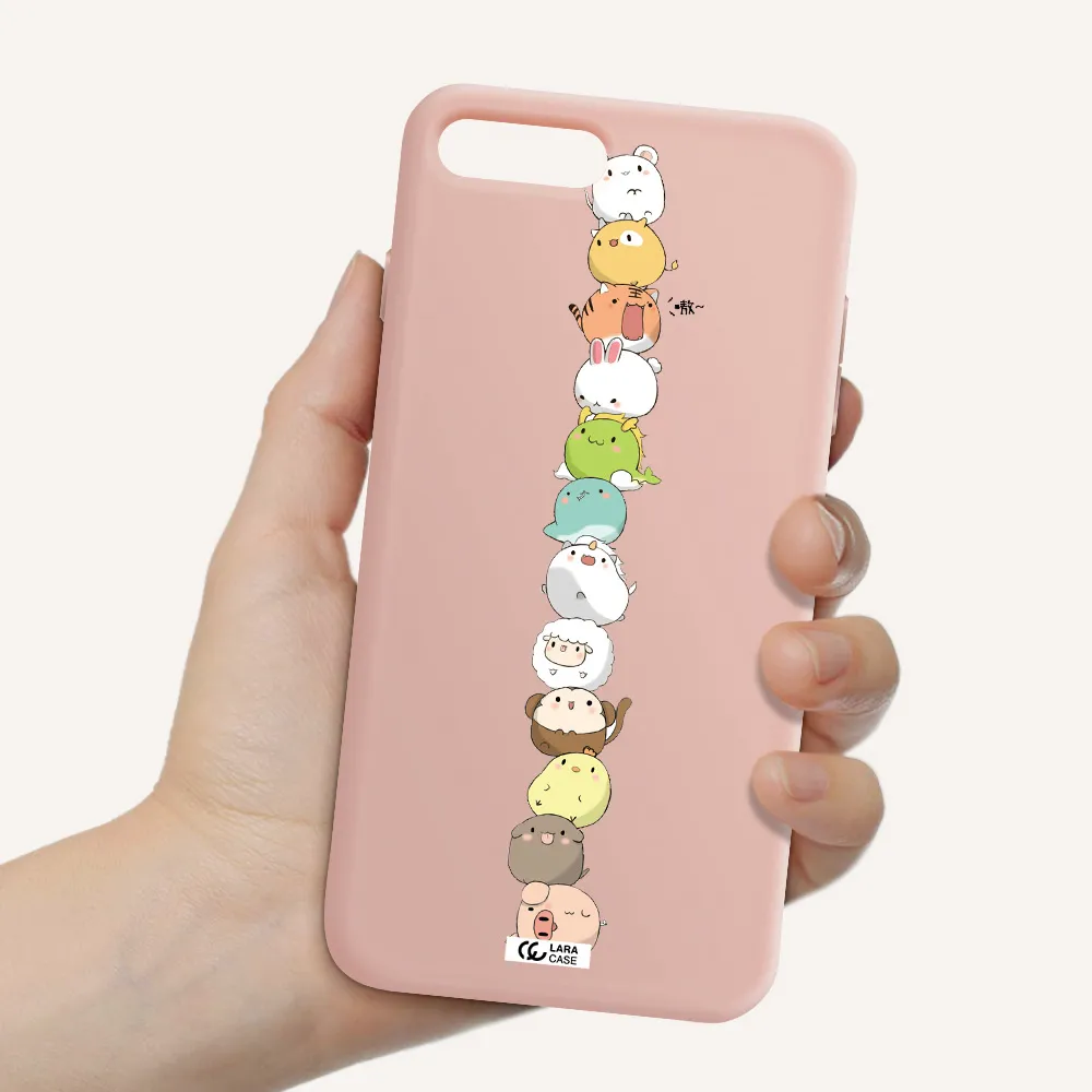 a stack of cartoon animals Apple iPhone 7 plus Silicone pastel pink Case