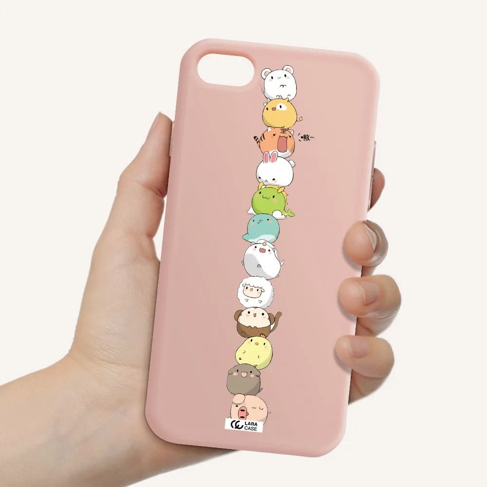 a stack of cartoon animals Apple iPhone 8 Silicone pastel pink Case