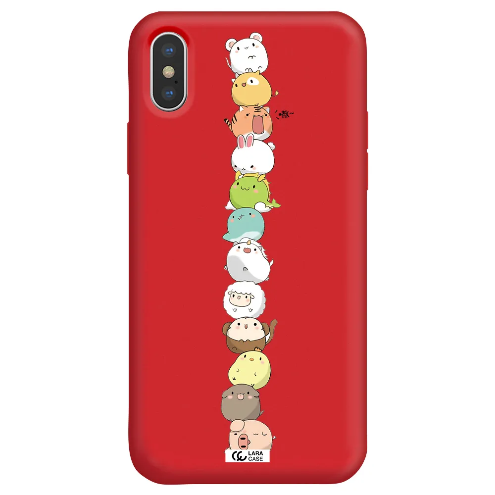 a stack of cartoon animals Apple iPhone X Silicone Imperial Red Case