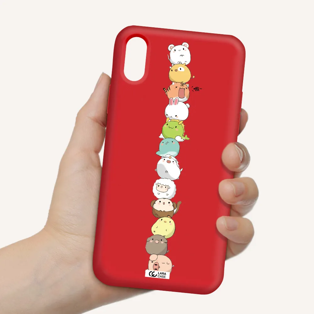 a stack of cartoon animals Apple iPhone X Silicone Imperial Red Case