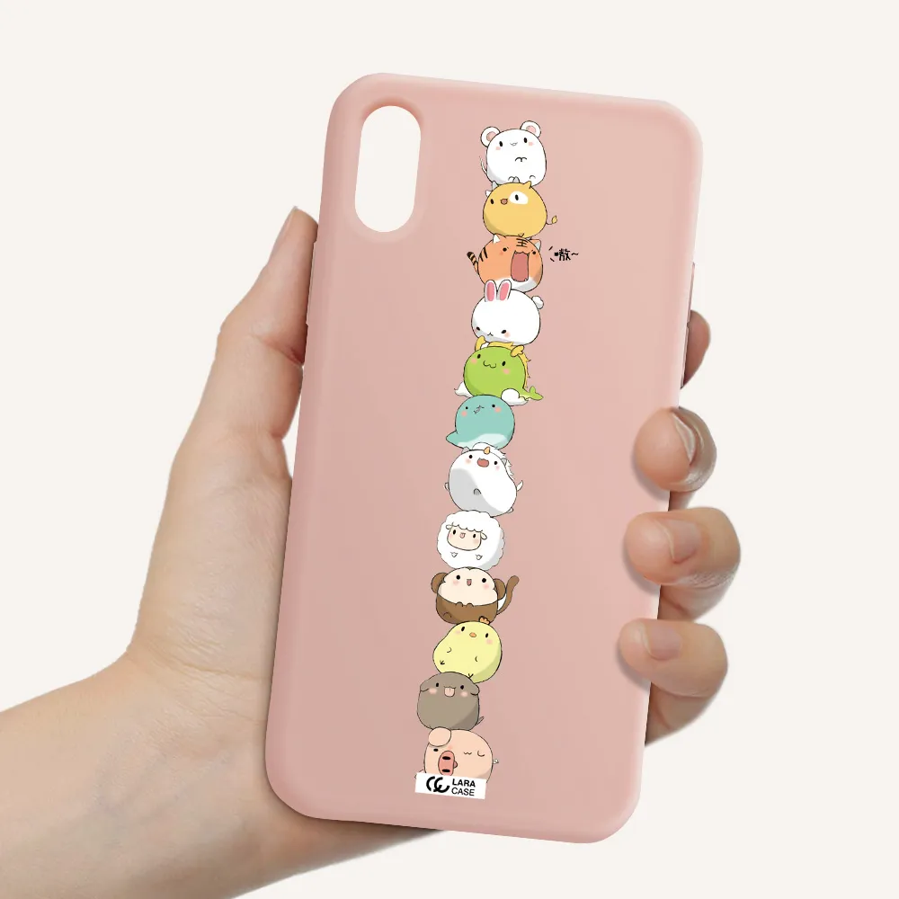 a stack of cartoon animals Apple iPhone X Silicone pastel pink Case