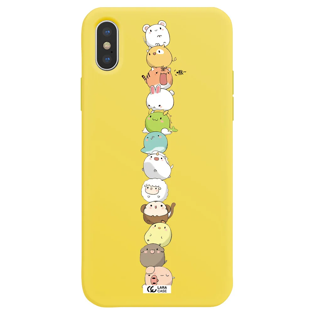 a stack of cartoon animals Apple iPhone XS Silicone canary yellow Case