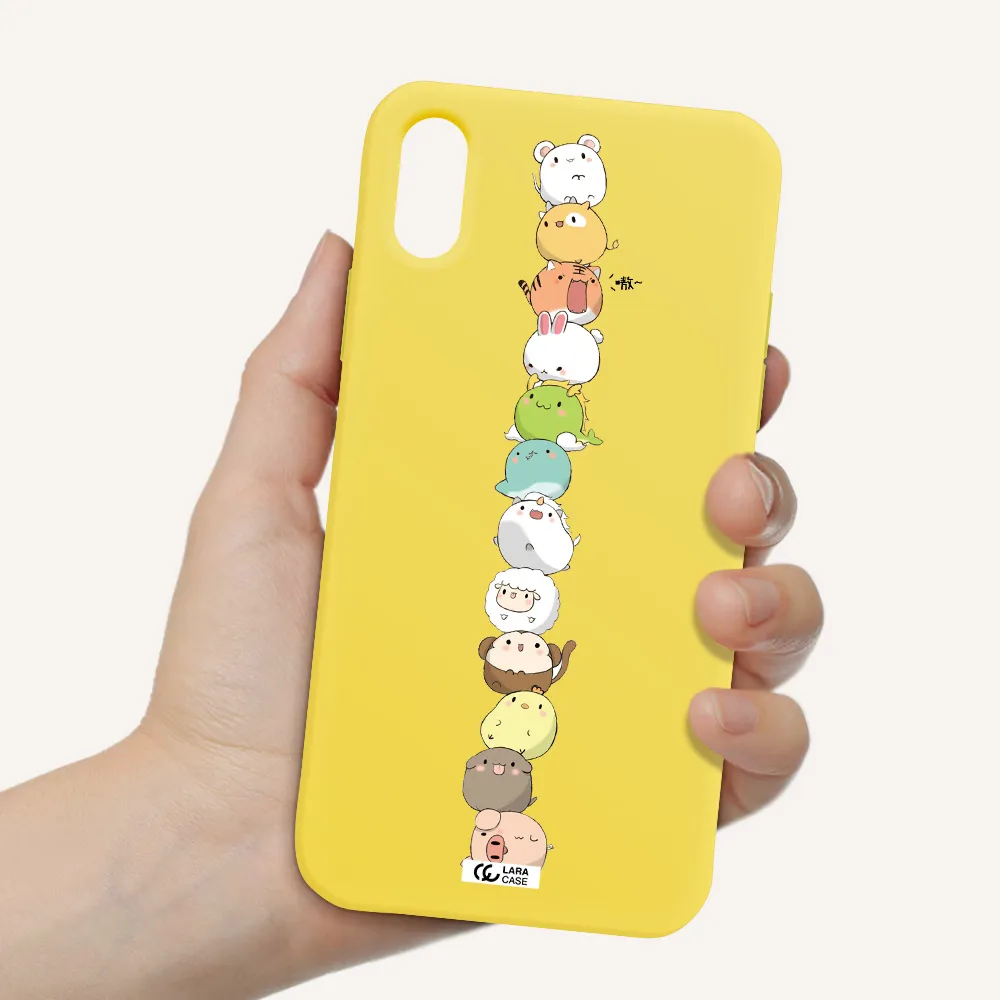 a stack of cartoon animals Apple iPhone XS Silicone canary yellow Case