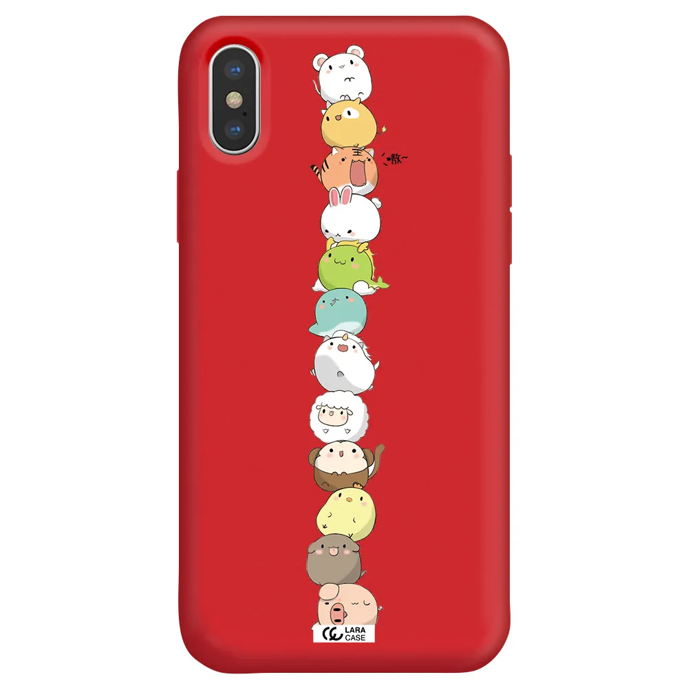 a stack of cartoon animals Apple iPhone XS Silicone Imperial Red Case