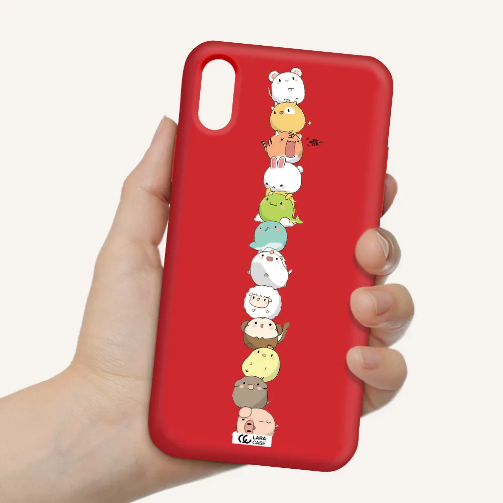 a stack of cartoon animals Apple iPhone XS Silicone Imperial Red Case