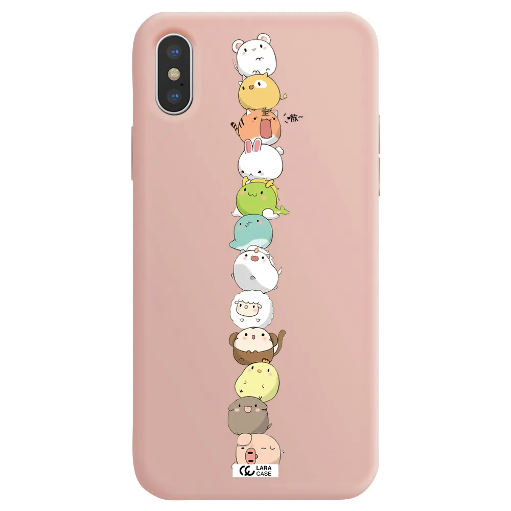 a stack of cartoon animals Apple iPhone XS Silicone pastel pink Case
