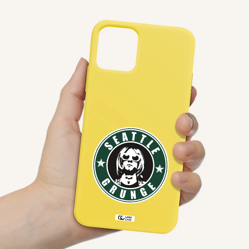 a logo with a man wearing sunglasses Apple iPhone 11 pro max Silicone canary yellow Case