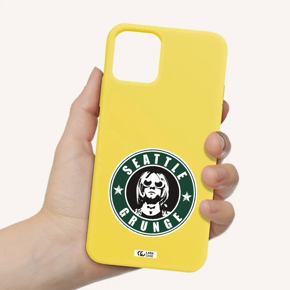 a logo with a man wearing sunglasses Apple iPhone 11 pro Silicone canary yellow Case