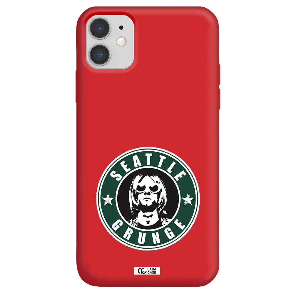 a logo with a man wearing sunglasses Apple iPhone 11 Silicone Imperial Red Case