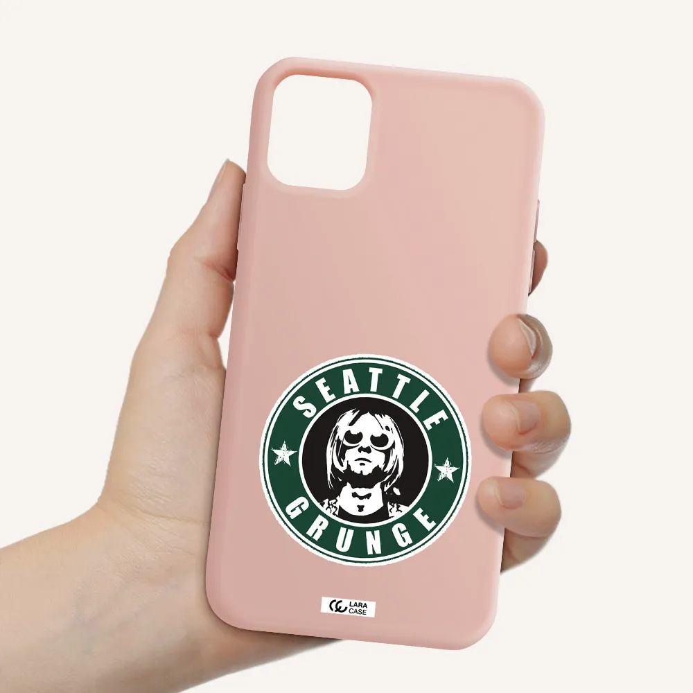 a logo with a man wearing sunglasses Apple iPhone 11 Silicone pastel pink Case