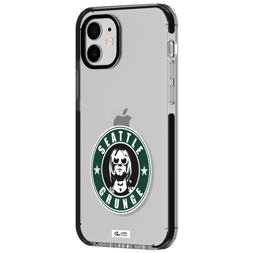 a logo with a man wearing sunglasses Apple iPhone 12 impact black border Case