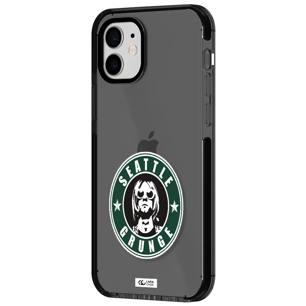 a logo with a man wearing sunglasses Apple iPhone 12 impact Smoke Black Case