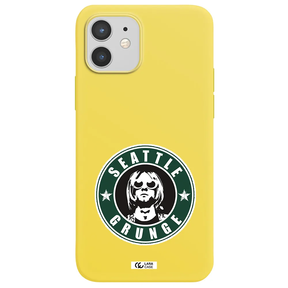 a logo with a man wearing sunglasses Apple iPhone 12 mini Silicone canary yellow Case