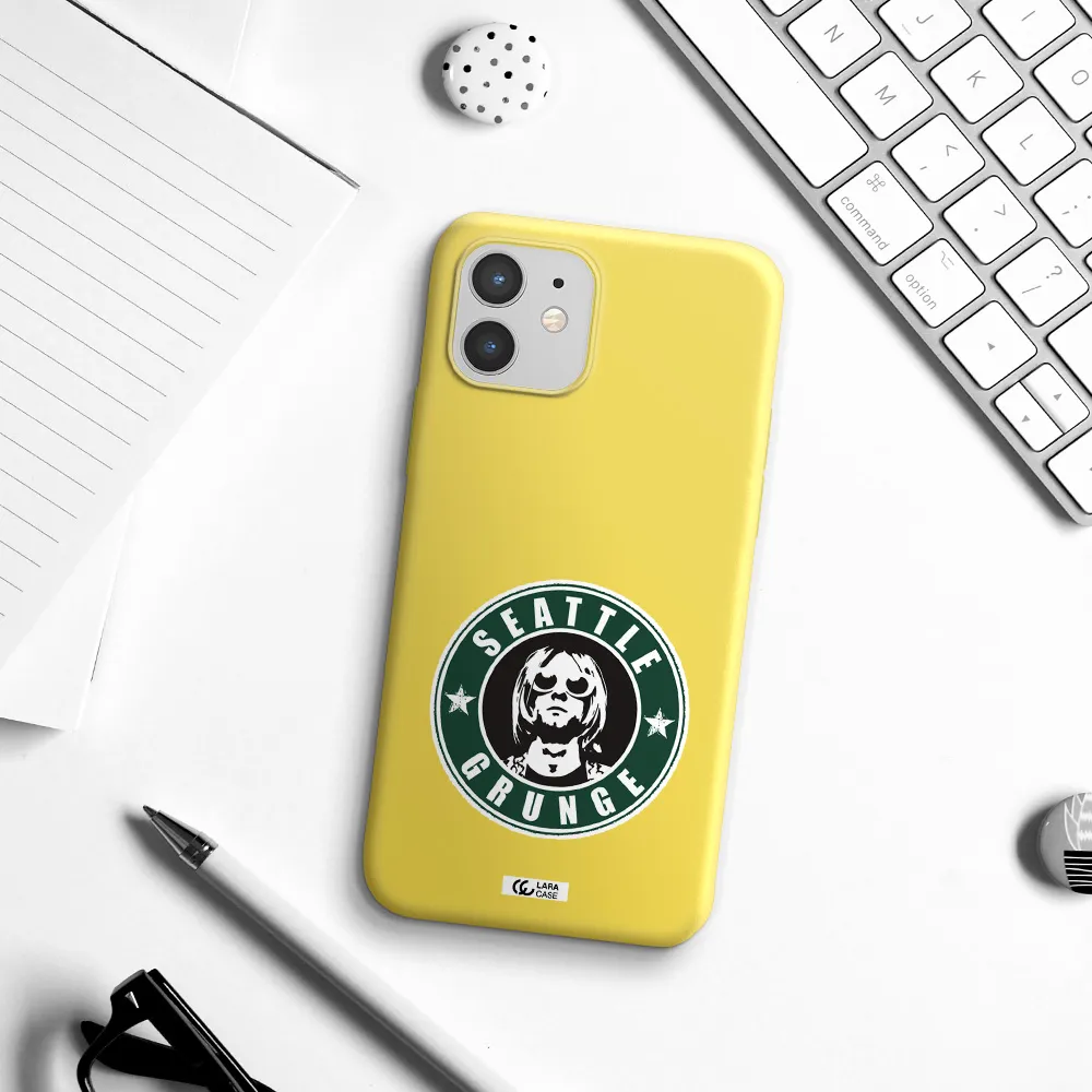 a logo with a man wearing sunglasses Apple iPhone 12 mini Silicone canary yellow Case