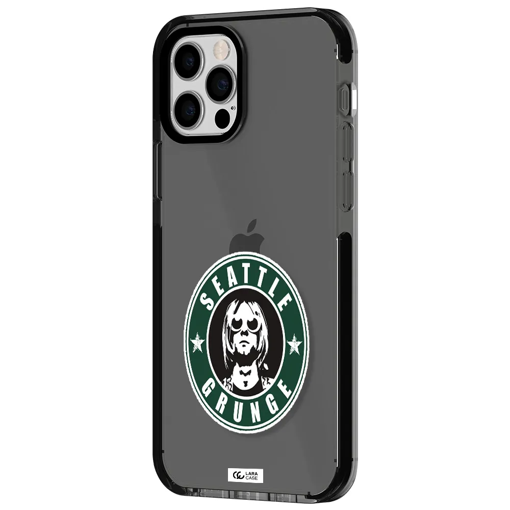 a logo with a man wearing sunglasses Apple iPhone 12 pro impact Smoke Black Case