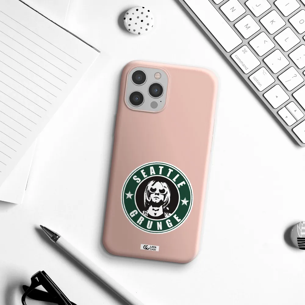 a logo with a man wearing sunglasses Apple iPhone 12 pro max Silicone pastel pink Case