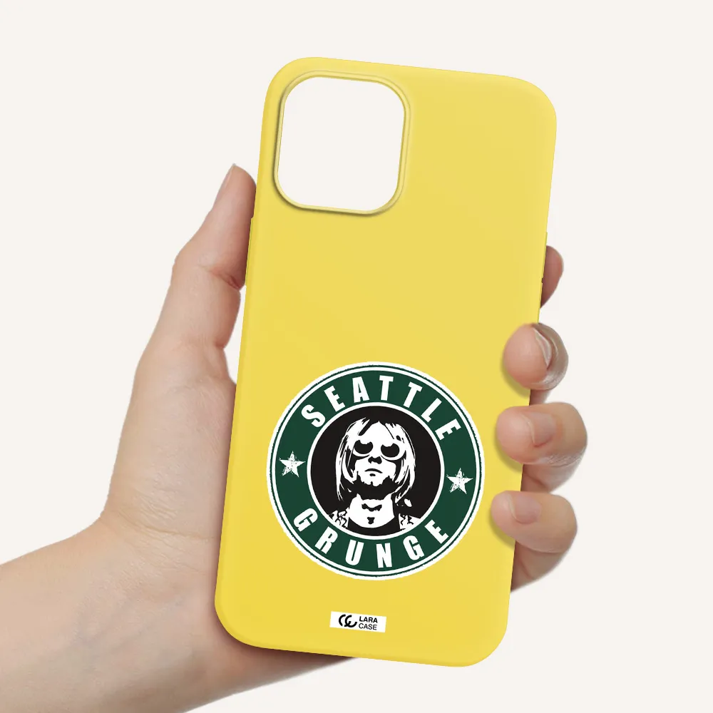 a logo with a man wearing sunglasses Apple iPhone 12 pro Silicone canary yellow Case