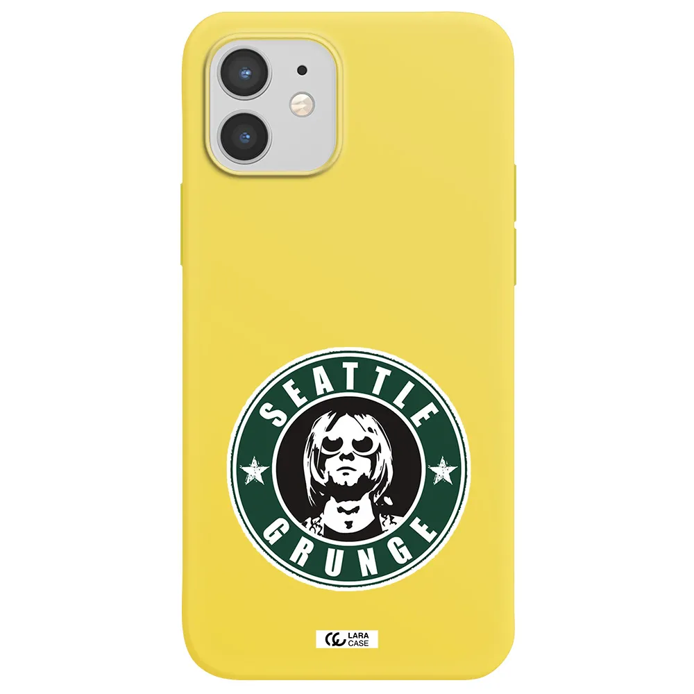 a logo with a man wearing sunglasses Apple iPhone 12 Silicone canary yellow Case
