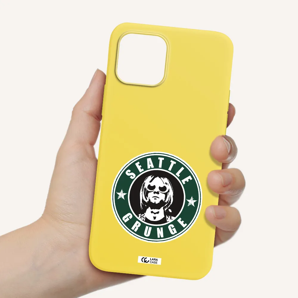 a logo with a man wearing sunglasses Apple iPhone 12 Silicone canary yellow Case