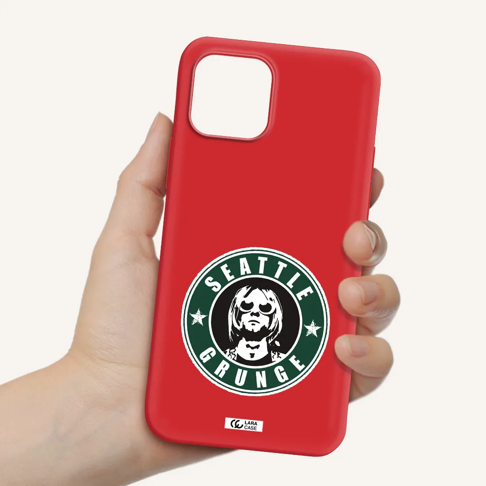 a logo with a man wearing sunglasses Apple iPhone 12 Silicone Imperial Red Case