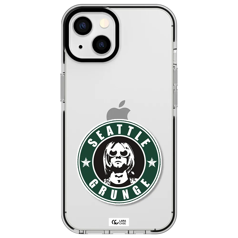 a logo with a man wearing sunglasses Apple iPhone 13 impact black border Case