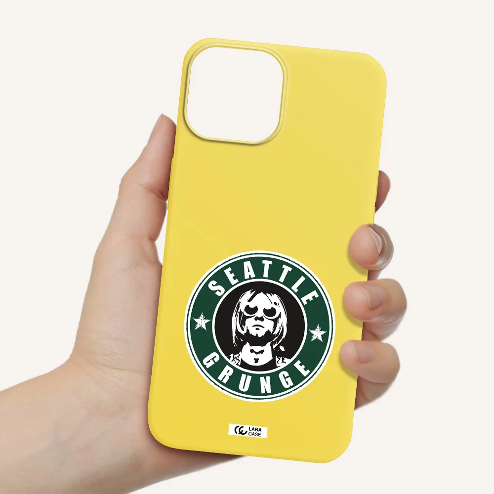 a logo with a man wearing sunglasses Apple iPhone 13 mini Silicone canary yellow Case