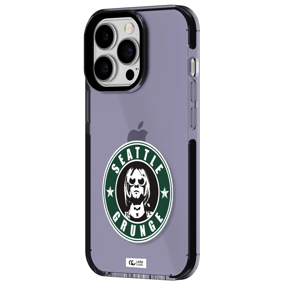 a logo with a man wearing sunglasses Apple iPhone 13 Pro impact Lilac Case