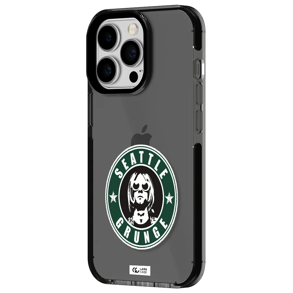 a logo with a man wearing sunglasses Apple iPhone 13 Pro impact Smoke Black Case