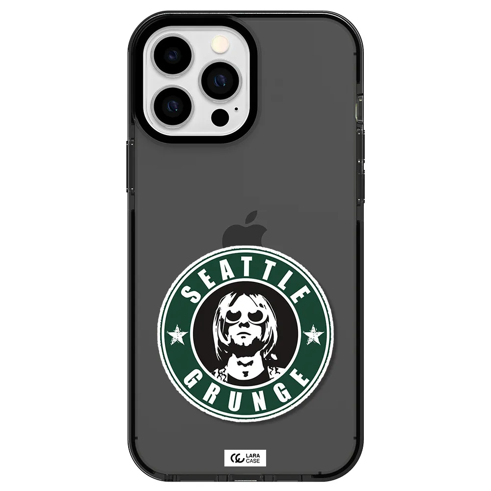 a logo with a man wearing sunglasses Apple iPhone 13 Pro Max impact Smoke Black Case