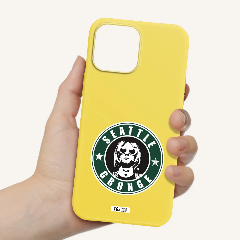 a logo with a man wearing sunglasses Apple iPhone 13 Pro Max Silicone canary yellow Case