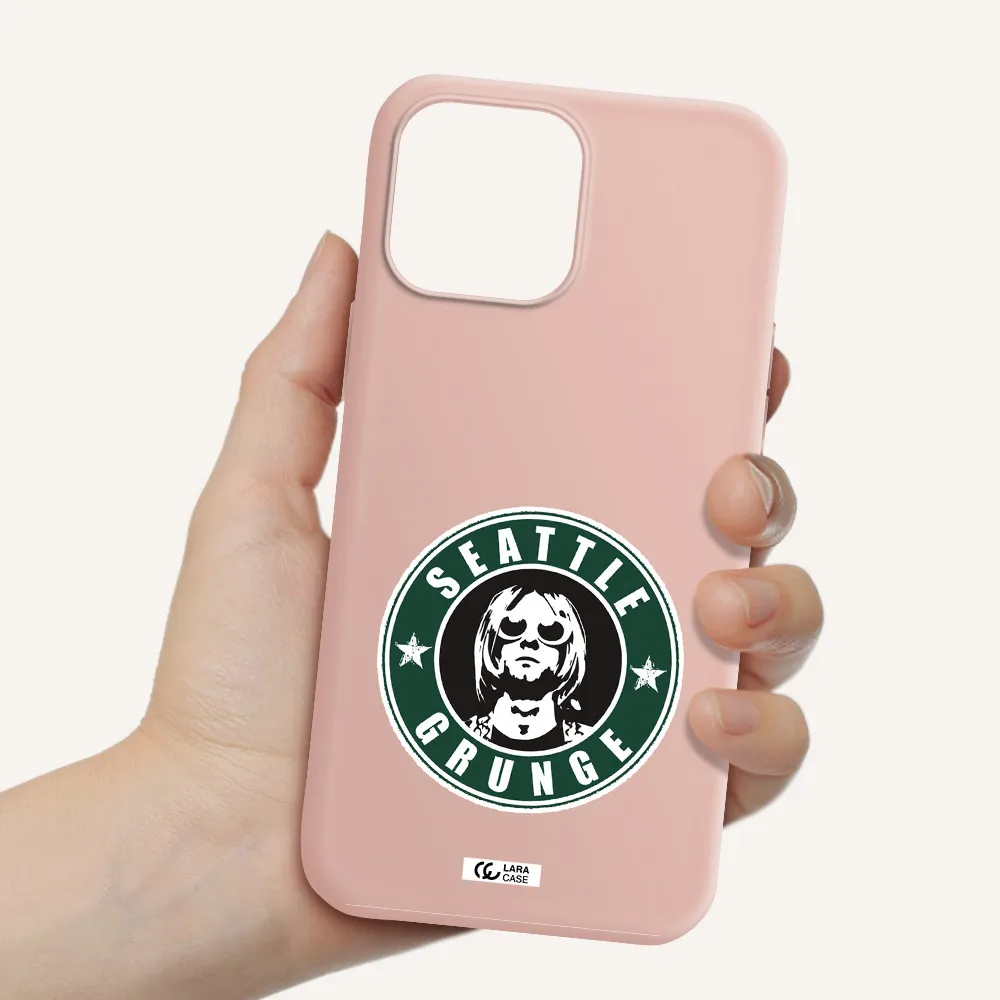 a logo with a man wearing sunglasses Apple iPhone 13 Pro Max Silicone pastel pink Case