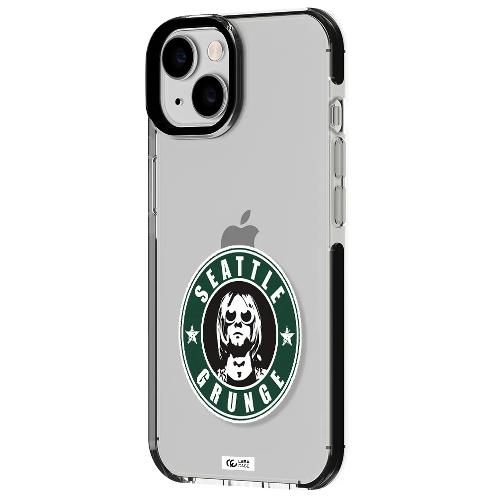 a logo with a man wearing sunglasses Apple iPhone 14 impact black border Case