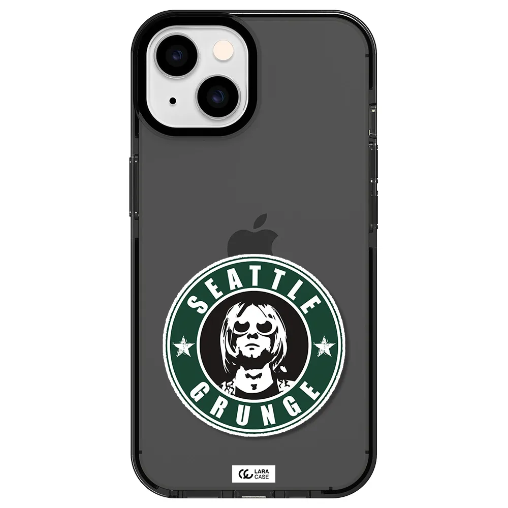 a logo with a man wearing sunglasses Apple iPhone 14 impact Smoke Black Case