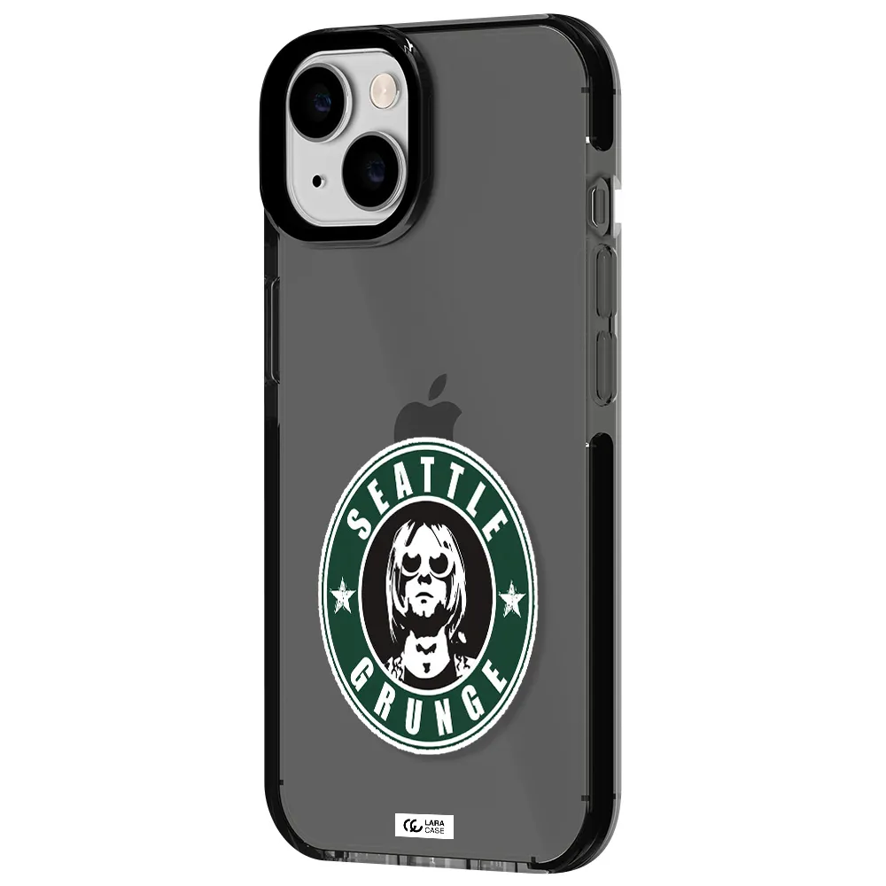 a logo with a man wearing sunglasses Apple iPhone 14 impact Smoke Black Case