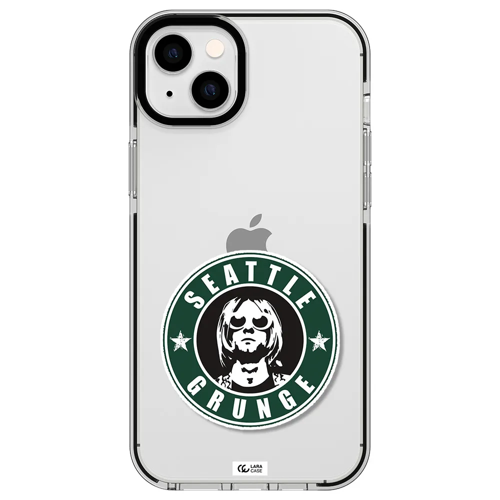 a logo with a man wearing sunglasses Apple iPhone 14 plus impact black border Case