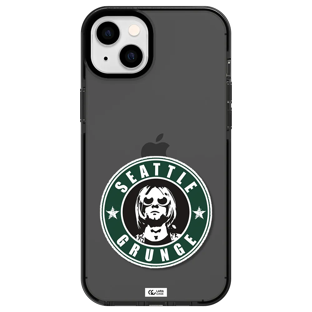 a logo with a man wearing sunglasses Apple iPhone 14 plus impact Smoke Black Case