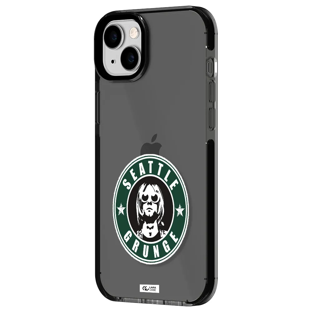 a logo with a man wearing sunglasses Apple iPhone 14 plus impact Smoke Black Case