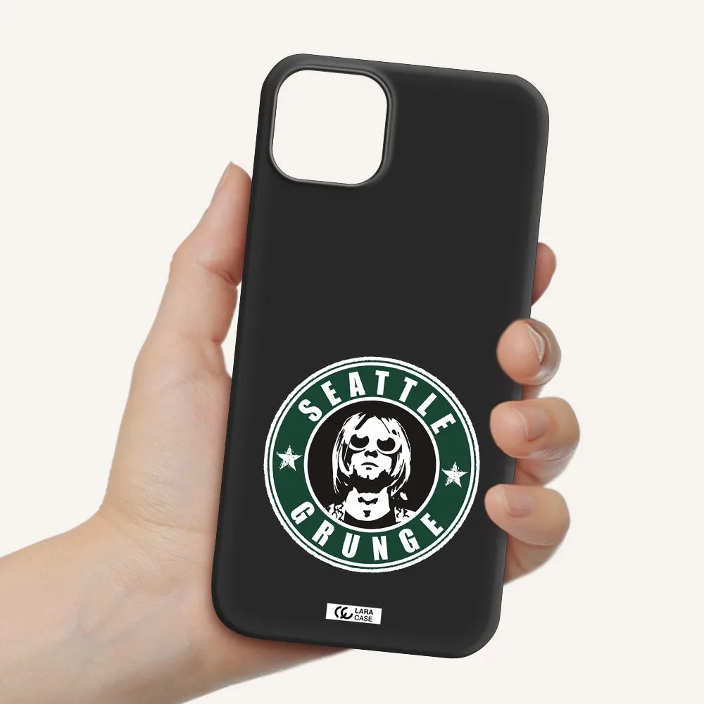 a logo with a man wearing sunglasses Apple iPhone 14 plus Silicone black Case