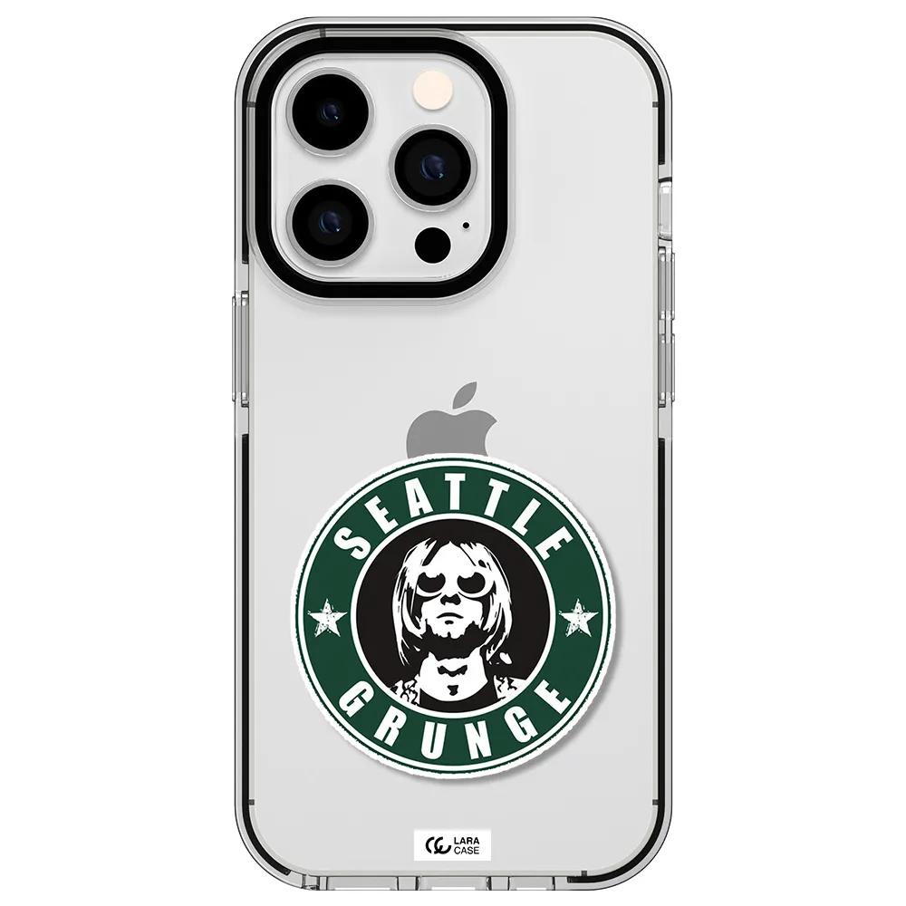 a logo with a man wearing sunglasses Apple iPhone 14 pro impact black border Case