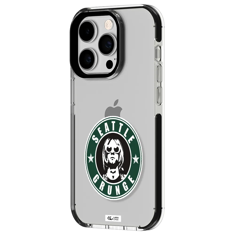 a logo with a man wearing sunglasses Apple iPhone 14 pro impact black border Case