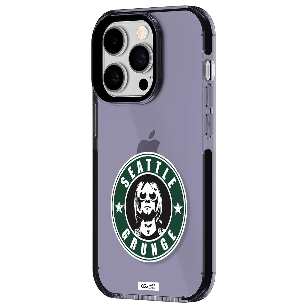 a logo with a man wearing sunglasses Apple iPhone 14 pro impact Lilac Case