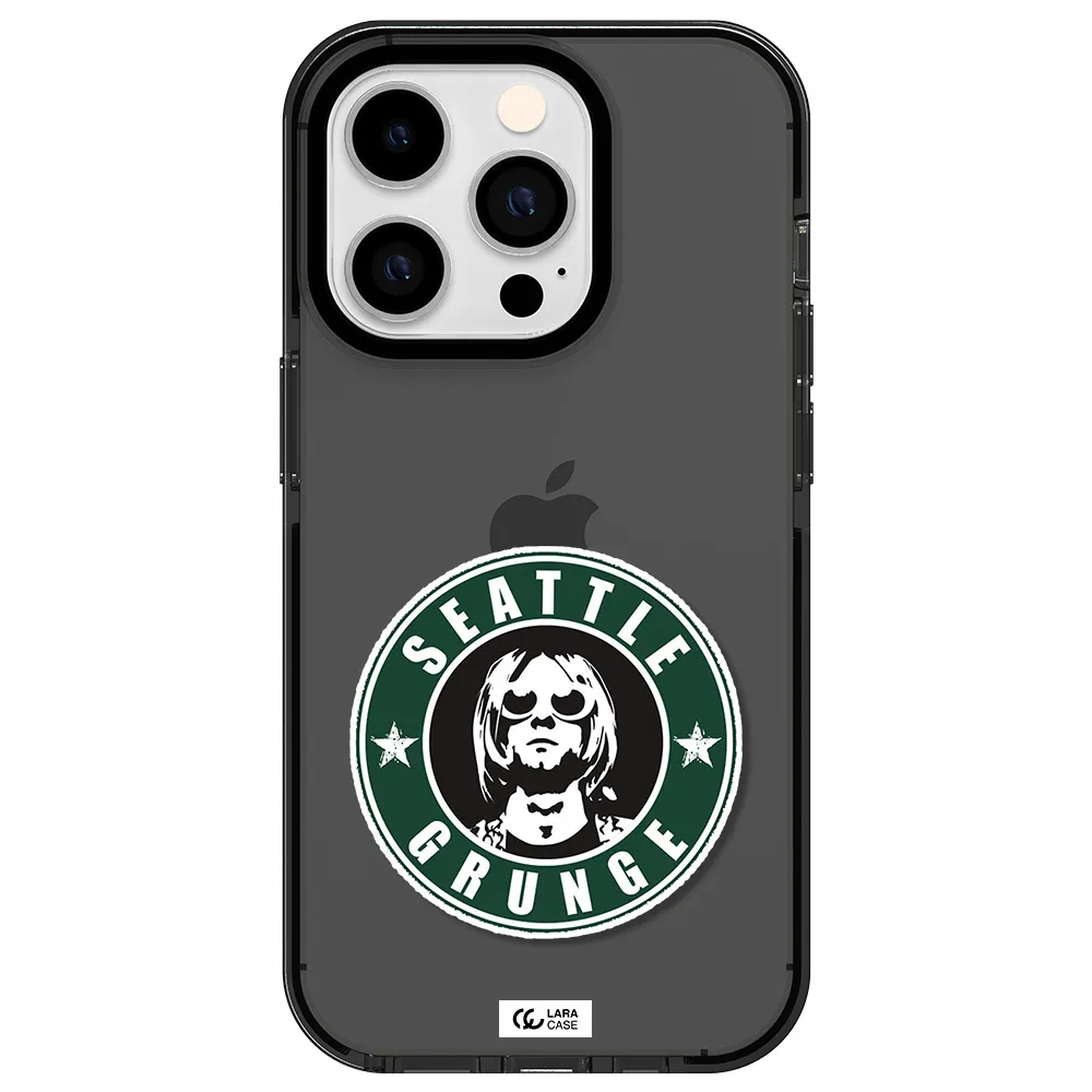 a logo with a man wearing sunglasses Apple iPhone 14 pro impact Smoke Black Case