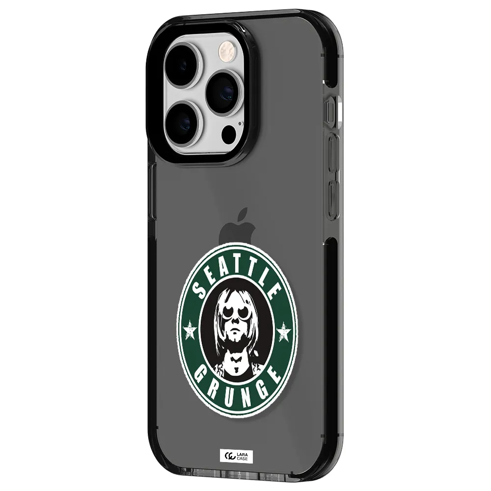 a logo with a man wearing sunglasses Apple iPhone 14 pro impact Smoke Black Case
