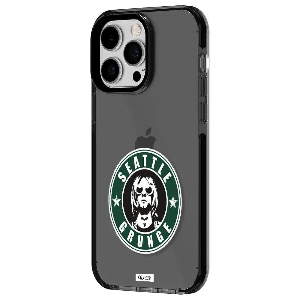 a logo with a man wearing sunglasses Apple iPhone 14 pro max impact Smoke Black Case