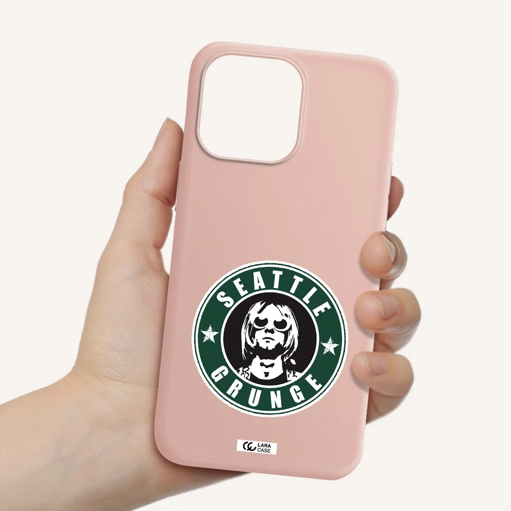 a logo with a man wearing sunglasses Apple iPhone 14 pro Silicone pastel pink Case