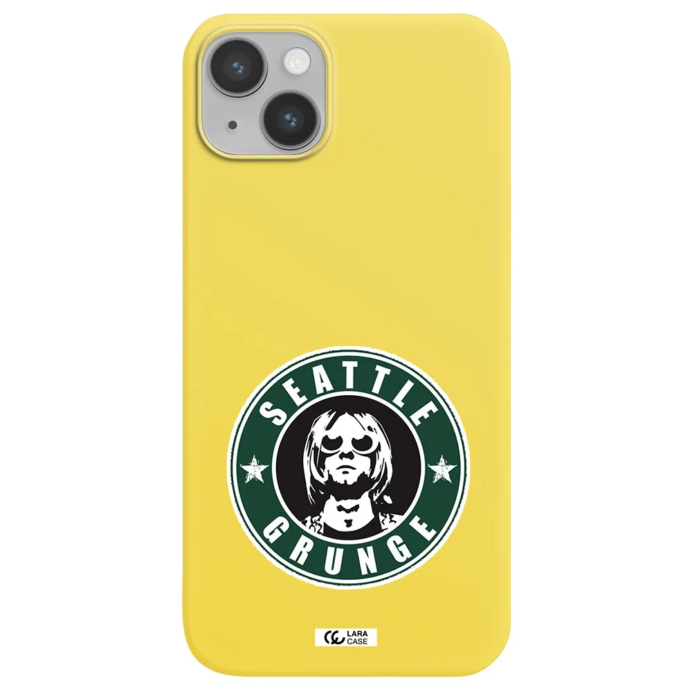 a logo with a man wearing sunglasses Apple iPhone 14 Silicone canary yellow Case