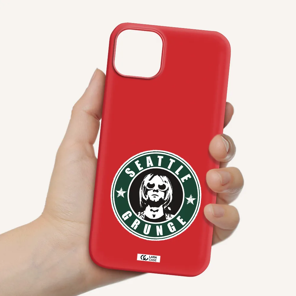 a logo with a man wearing sunglasses Apple iPhone 14 Silicone Imperial Red Case