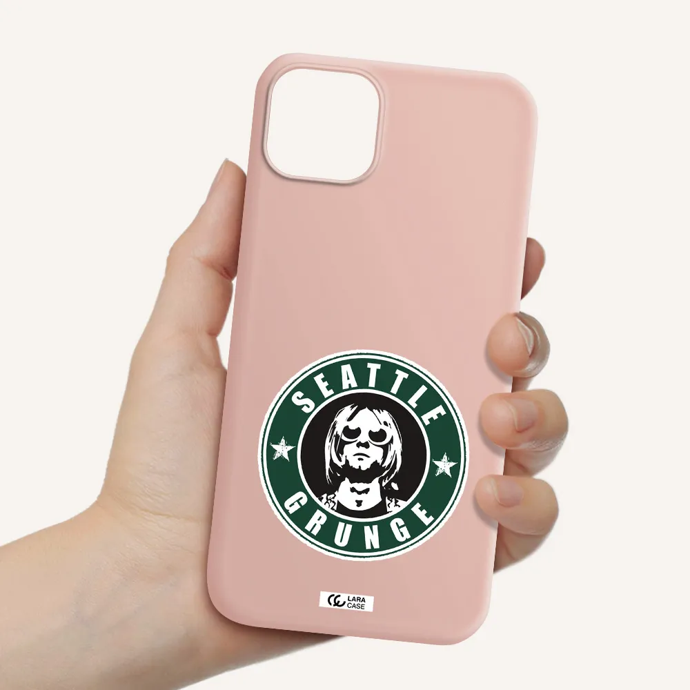 a logo with a man wearing sunglasses Apple iPhone 14 Silicone pastel pink Case