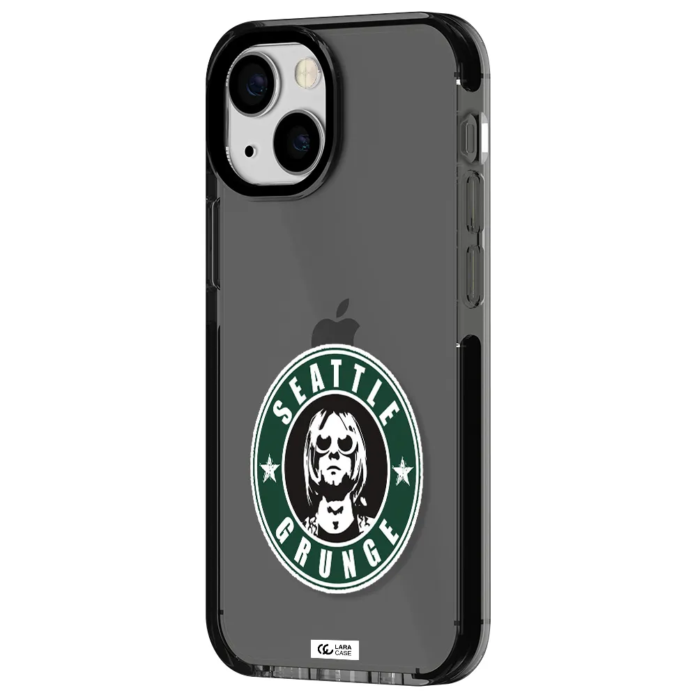 a logo with a man wearing sunglasses Apple iPhone 15 impact Smoke Black Case